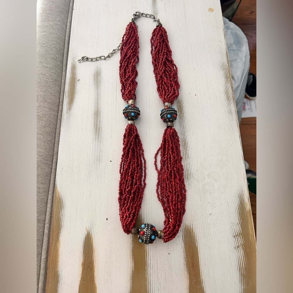 Vintage Multi Strand Red Coral Beaded Necklace Red & Turquoise  adjustable